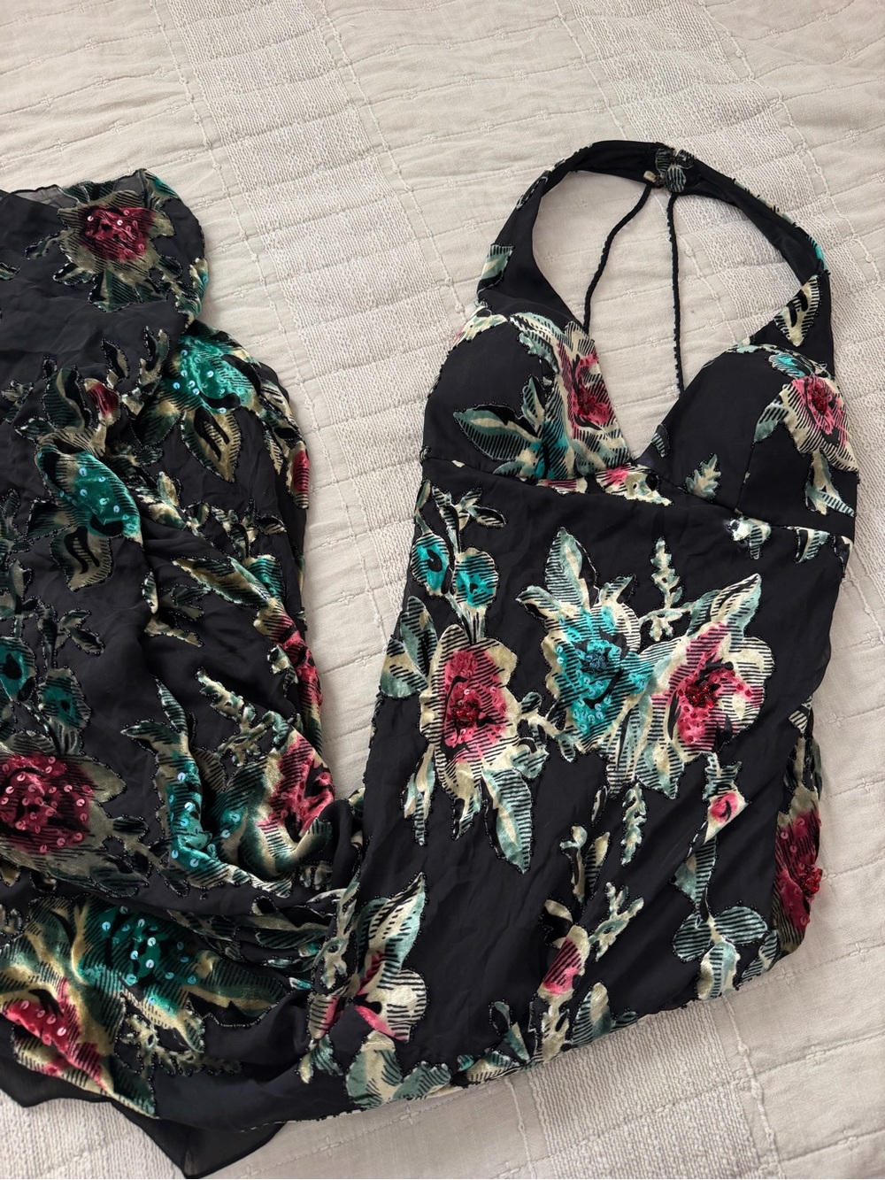 Sue Wong Black floral halter gown with sequin and beading